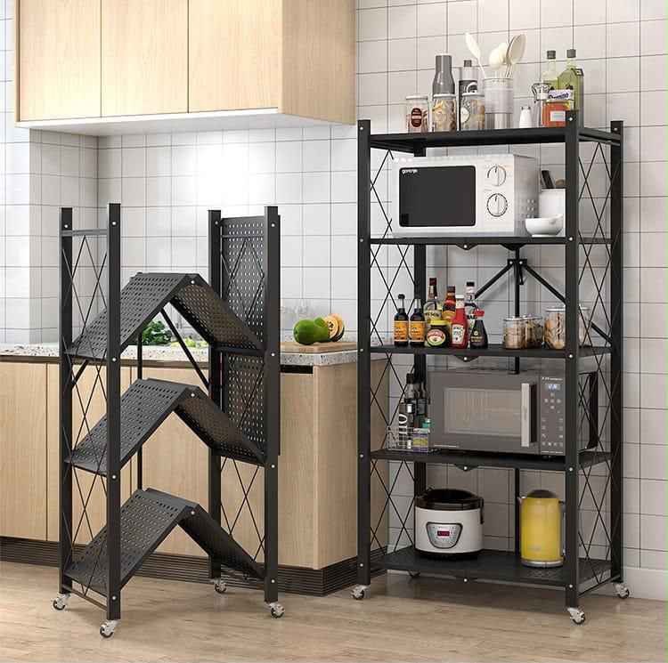 5-Tier Foldable Kitchen Storage Rack with Wheels – Black