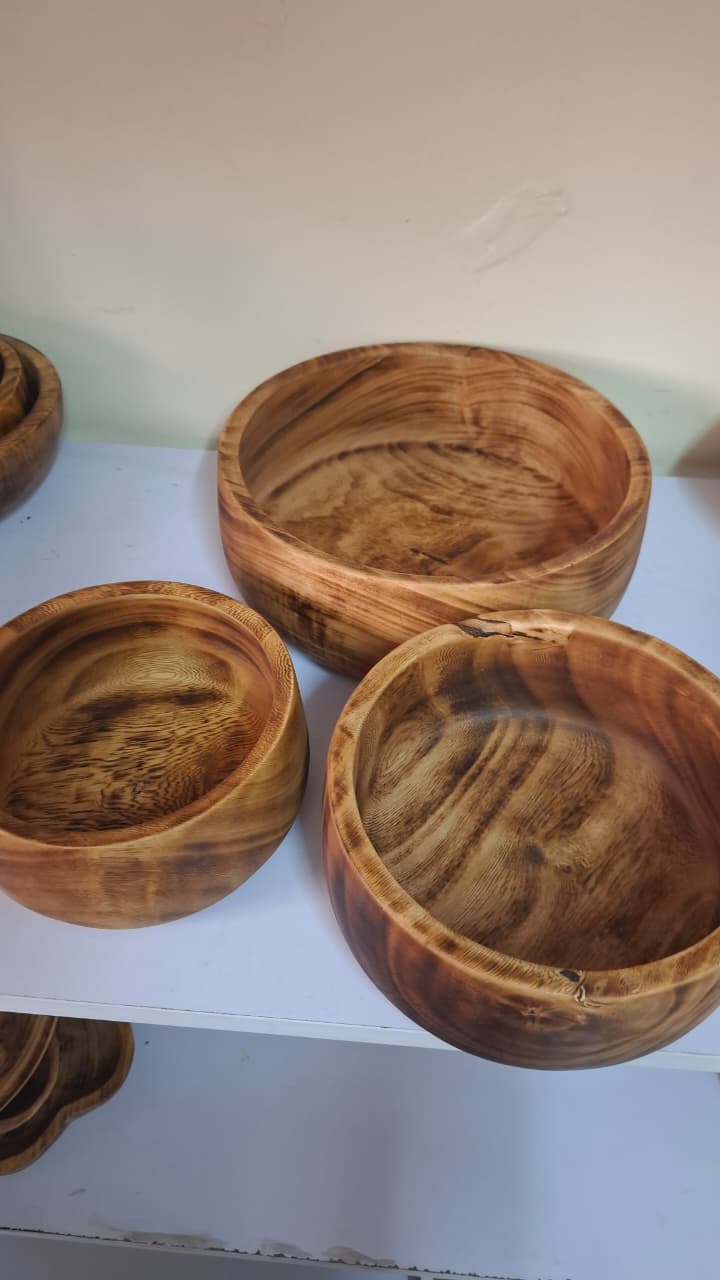 3Pcs Jacaranda Wood POT Bowl Set – Handcrafted Wooden Serving Bowls 10, 8 & 6 Inches