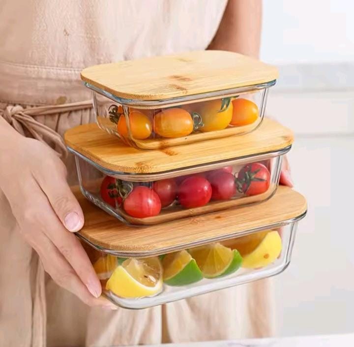 3PCS Airtight Glass Food Storage Containers Set – Glass Storage Bowls with airtight bambooLids