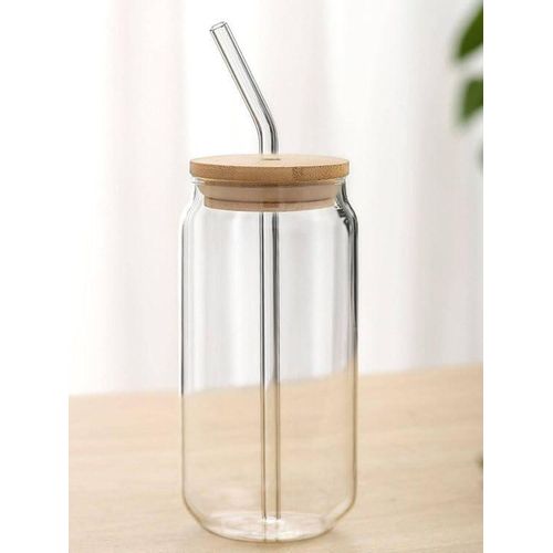 Glass Can Tumbler with Bamboo Lid & Straw – 500ml Reusable Drinking Cup 